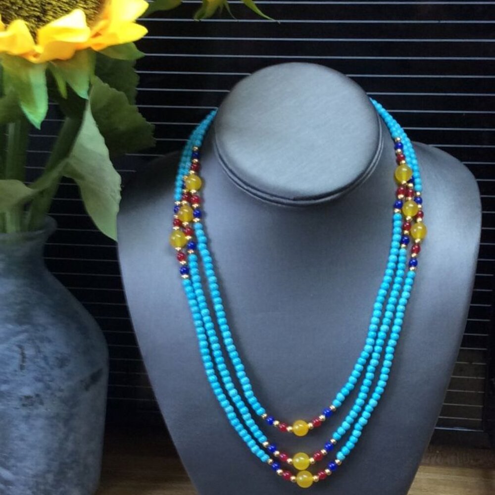 Genuine 100% 4mm Blue Turquoise 3 Rows 18-20" SG-0060